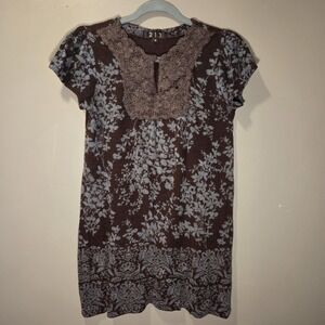 213 Wool Blend Short Sleeve Mini Sweater Dress Boho, Women's Size M, Brown Blue